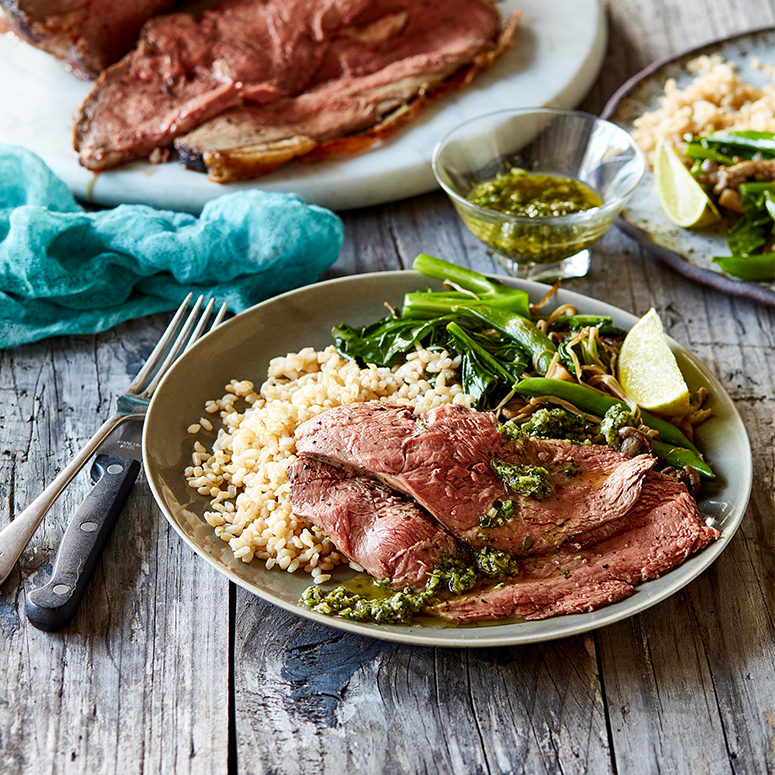 Rump roast, Asian salsa verde and vegetables