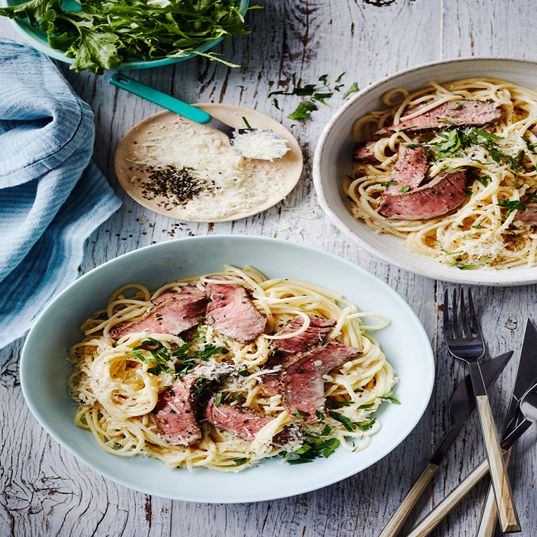 Adam Liaw’s creamy pepper steak spaghetti